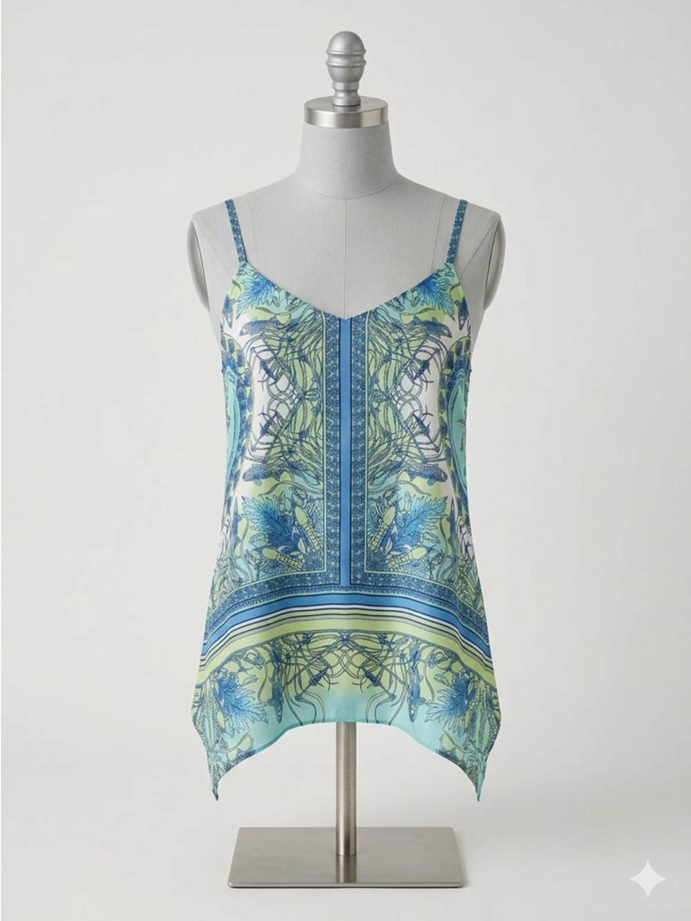 Hale Bob Silk Blue and Green Tropical Handkerchief-Hem Cami Top Size L